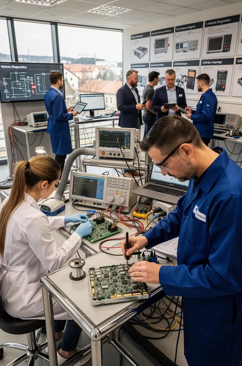 Laboratórne zariadenia používané na testovanie a opravu palubných systémov automobilov s profesionálnym prístupom.